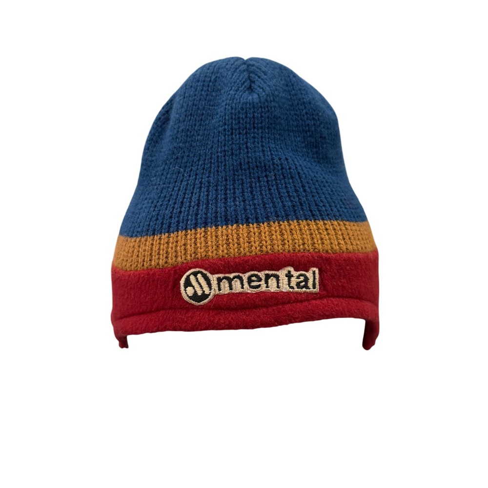 Mental Beanie Mens OSFM Blue Red Excellent Fleece Earflap Knit Winter Hat USA